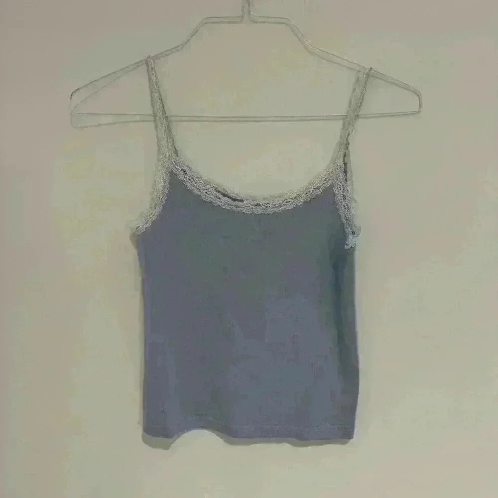 Brandy Melville Blue Top with Lace Detailing One Size Like New